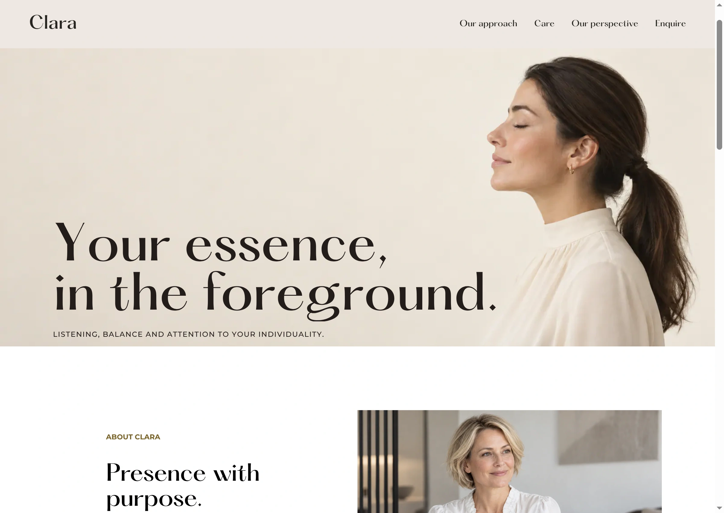 Clara — fictional demonstration based on the editorial-elegance template.
